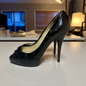 Jimmy Choo Black Croc-Embossed Peep-Toe Stiletto Heels